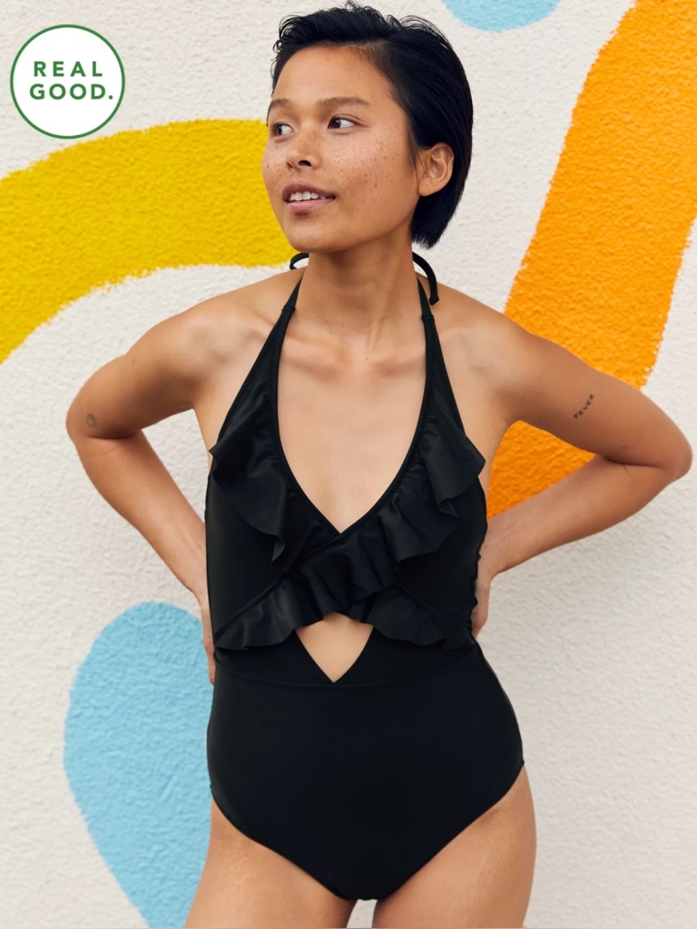 Aerie Ruffle One Piece Swimsuit Medium Long Black EUC Swim Vacation Beach